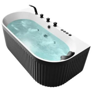 Flat Bottom Stone Resin Freestanding Combination Bathtub with Center Drain – Black & White